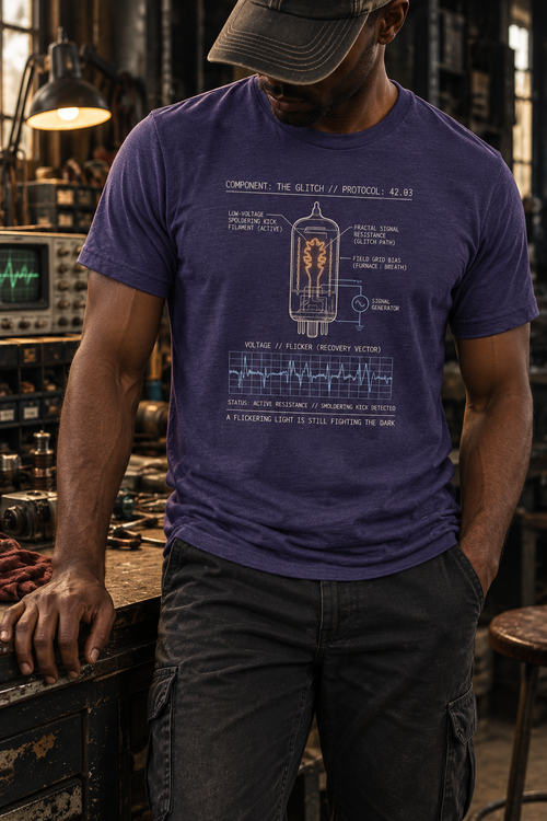 Front view of a standing model in a workshop, wearing a heather blue-purple T-shirt with a vacuum-tube diagram and a voltage waveform graph centered on the front.