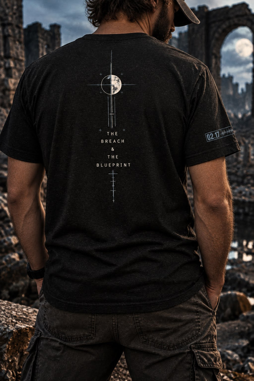 Back view of a model wearing a black heather T-shirt with a moon, fine vertical drafting lines, and THE BREACH & THE BLUEPRINT lettering.
