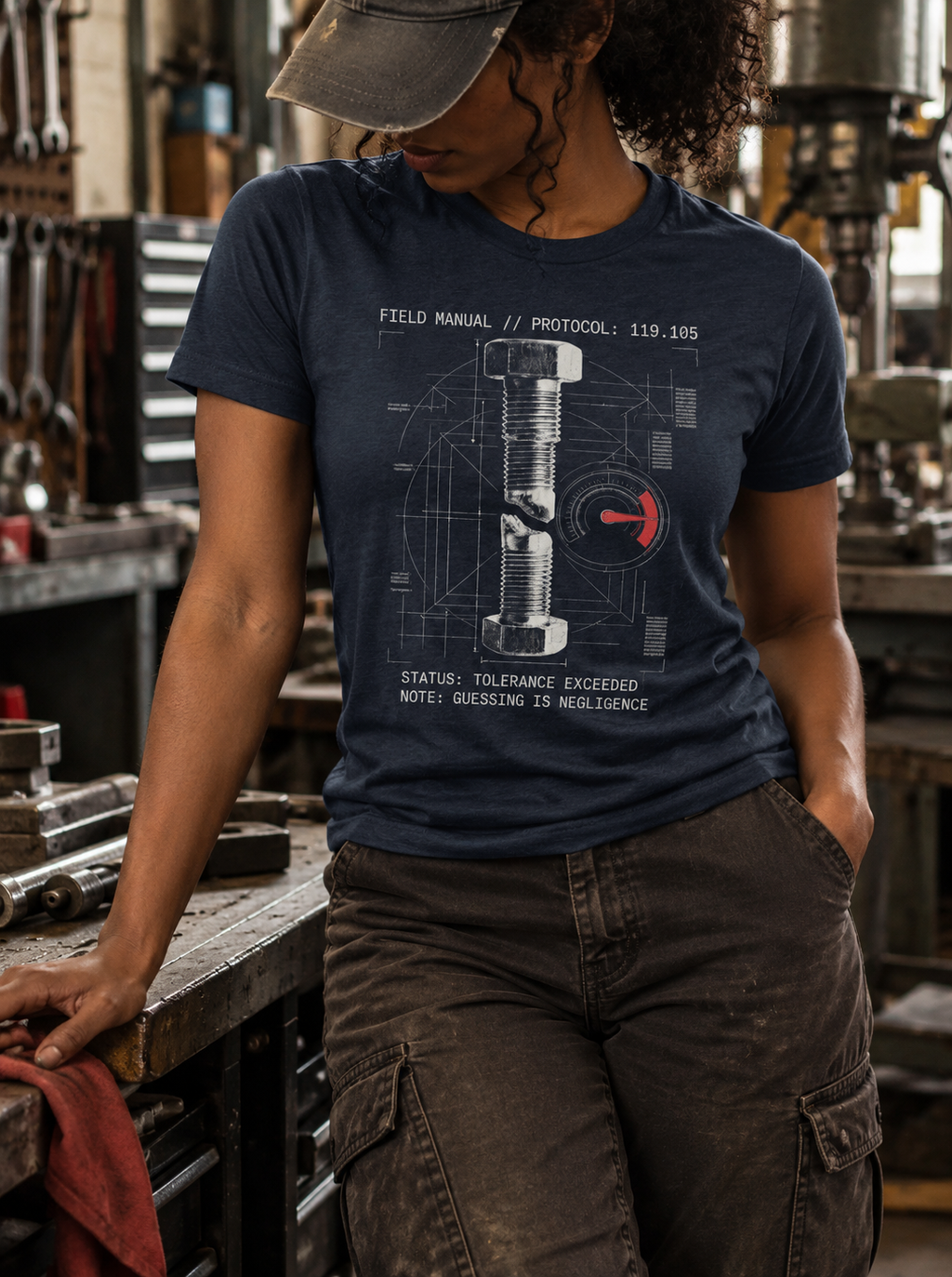 Front view of a standing model in a workshop, wearing a heather navy T-shirt with a white snapped bolt, technical drafting lines, and a red gauge centered on the front.
