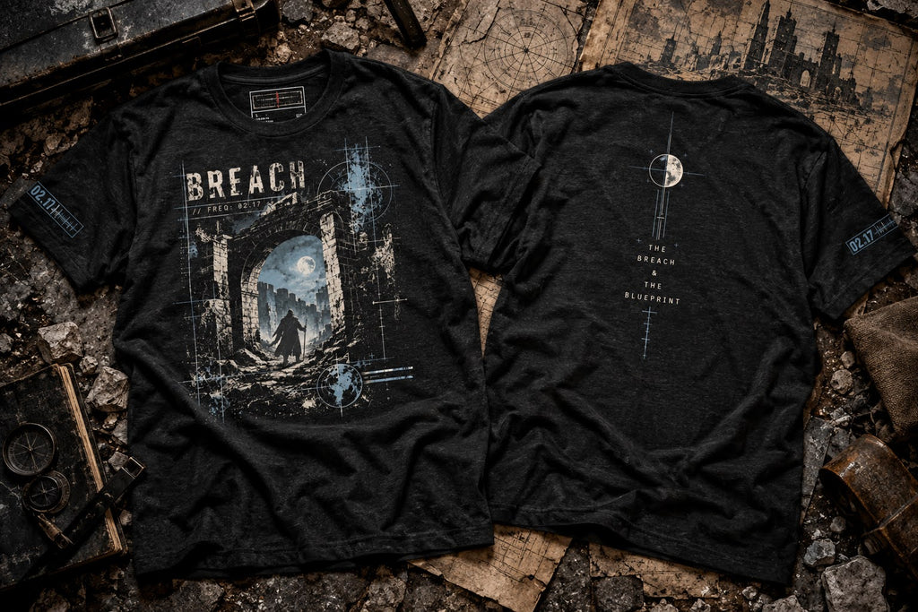 Front and back of black heather T-shirts laid on maps and rubble; the front shows BREACH above a ruined archway, and the back shows a moon and fine drafting lines.