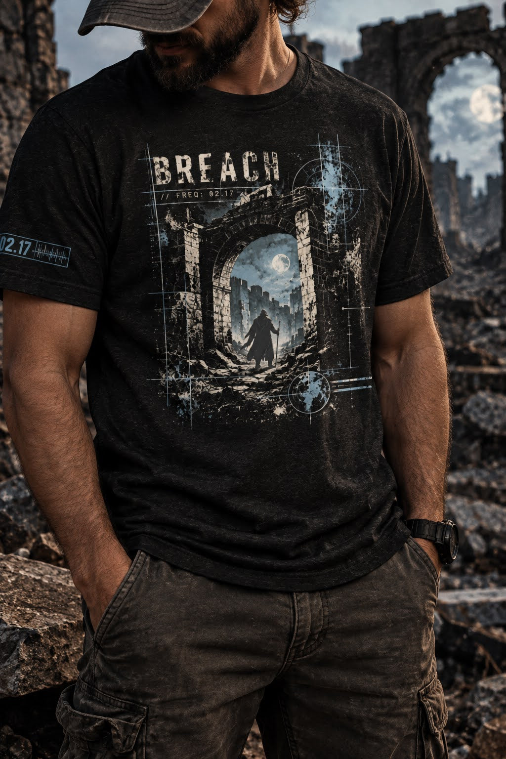 Model wearing a black heather T-shirt with a ruined stone archway, a cloaked figure, blue drafting lines, and large BREACH lettering on the front.