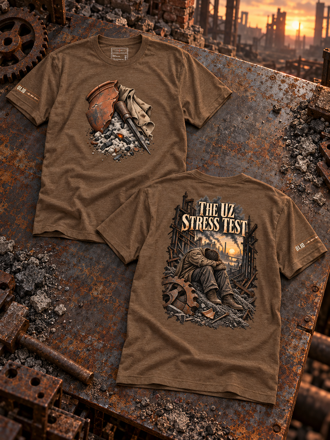 Heather brown T-shirts laid front and back on rusted steel; the front shows broken pottery, cloth, and a metal tool in ash, and the back shows THE UZ STRESS TEST above a seated figure in ruins.