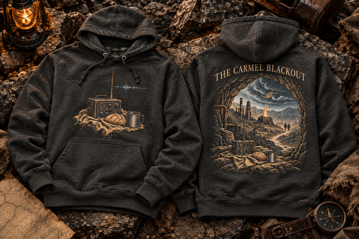 Two dark charcoal gray hoodies displayed flat on a rocky surface, showing the front and back designs. The front features a graphic of a radio, bread, and a mug with a small blue light effect.