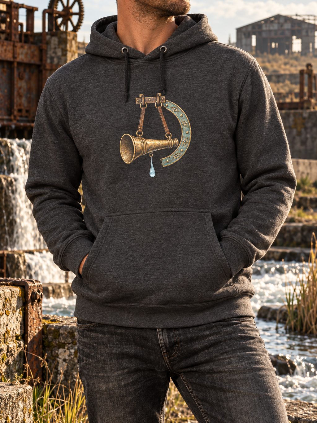 Model wearing a charcoal heather hoodie with a suspended brass trumpet, a curved blue-green metal band, and a blue water droplet on the front.