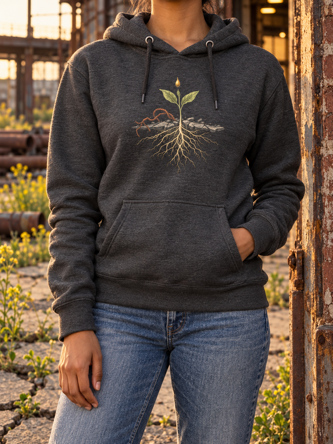 Model wearing a charcoal heather hoodie with a green seedling, exposed golden roots, and cracked pavement artwork centered on the chest.