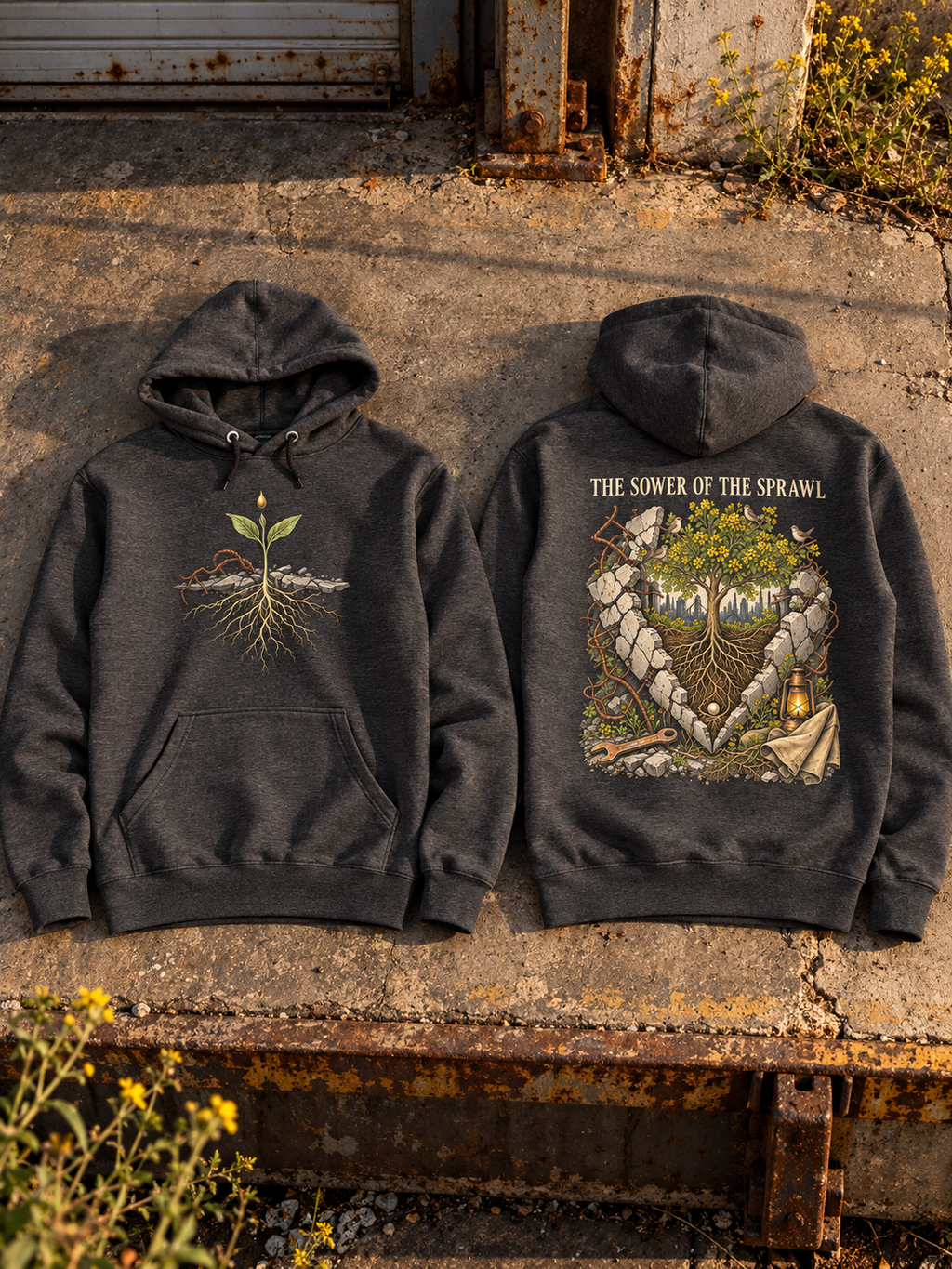 Two charcoal heather hoodies laid on concrete steps; the front shows a rooted seedling, and the back shows a flowering tree framed by broken concrete beneath THE SOWER OF THE SPRAWL.