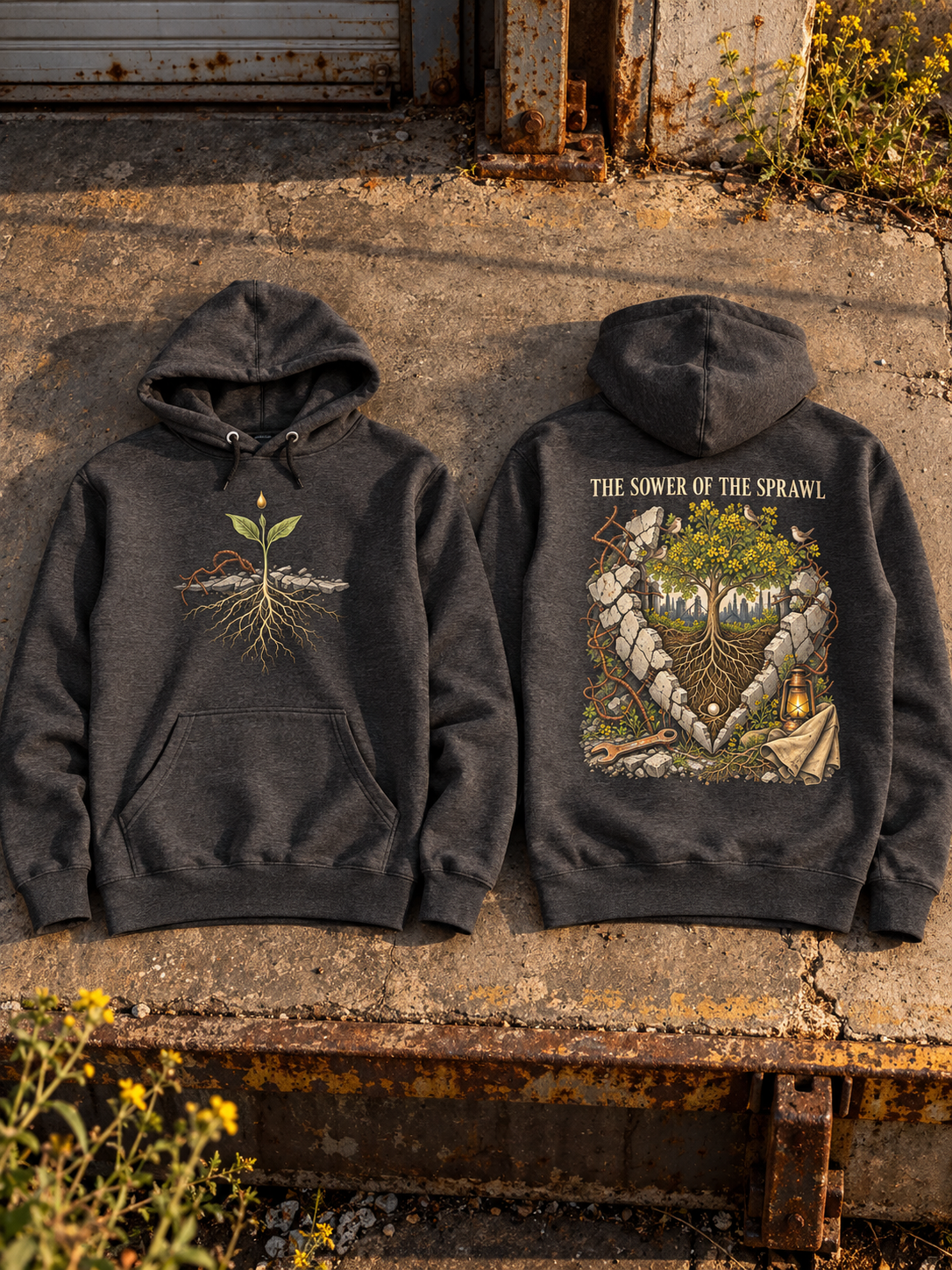 Two charcoal heather hoodies laid on concrete steps; the front shows a rooted seedling, and the back shows a flowering tree framed by broken concrete beneath THE SOWER OF THE SPRAWL.
