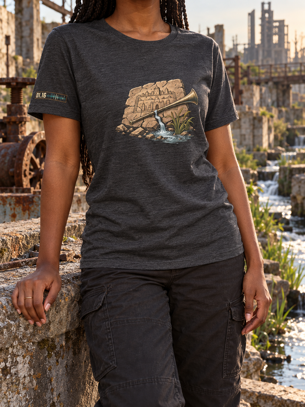 Model wearing a charcoal heather T-shirt with a brass trumpet across a cracked stone tablet, flowing water, and green reeds on the front.