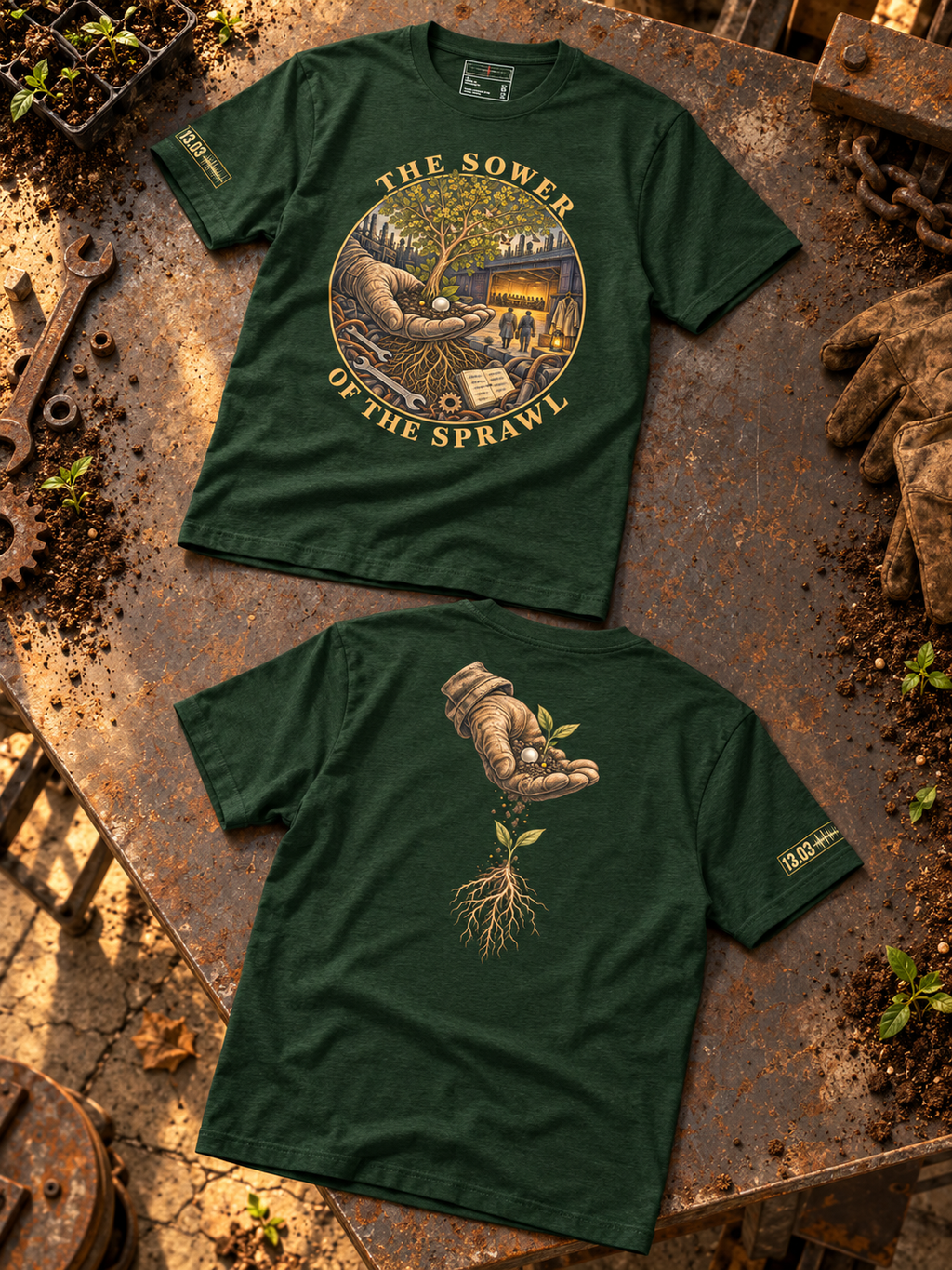 Forest green T-shirts laid front and back on rusted metal; the front shows THE SOWER OF THE SPRAWL around a hand, tree, and workshop, and the back shows a hand scattering seeds above a rooted sprout.