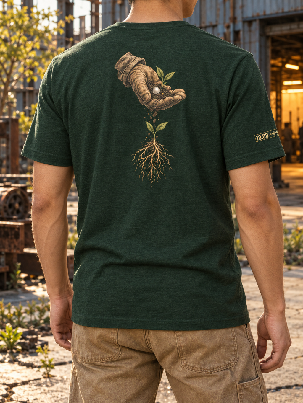 Back view of a forest green T-shirt with a gloved hand scattering seeds above a green seedling and exposed roots, plus a small 13.03 sleeve graphic.