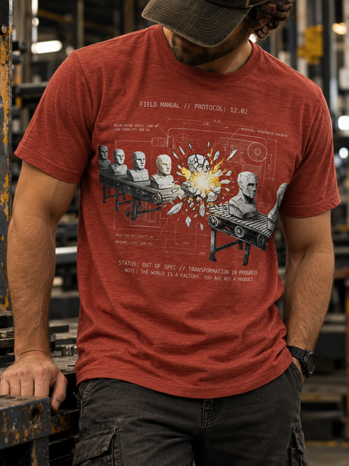 Front view of a standing model in a workshop, wearing a heather clay T-shirt with conveyor belts carrying gray busts around a bright yellow burst, overlaid with technical linework centered on the front.