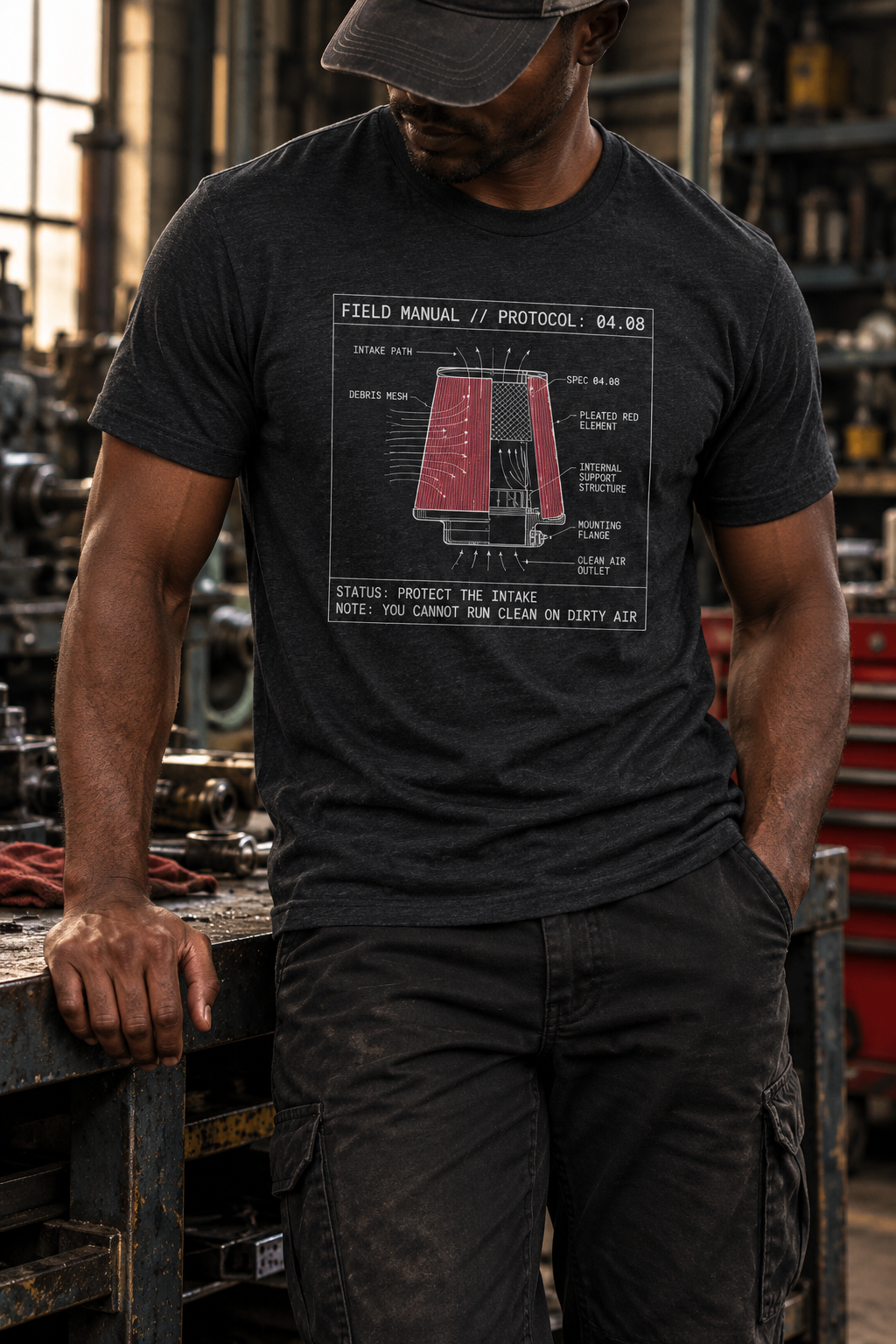 Front view of a standing model in a workshop, wearing a black heather T-shirt with a red air-filter cutaway, white airflow arrows, and technical labels centered on the front.