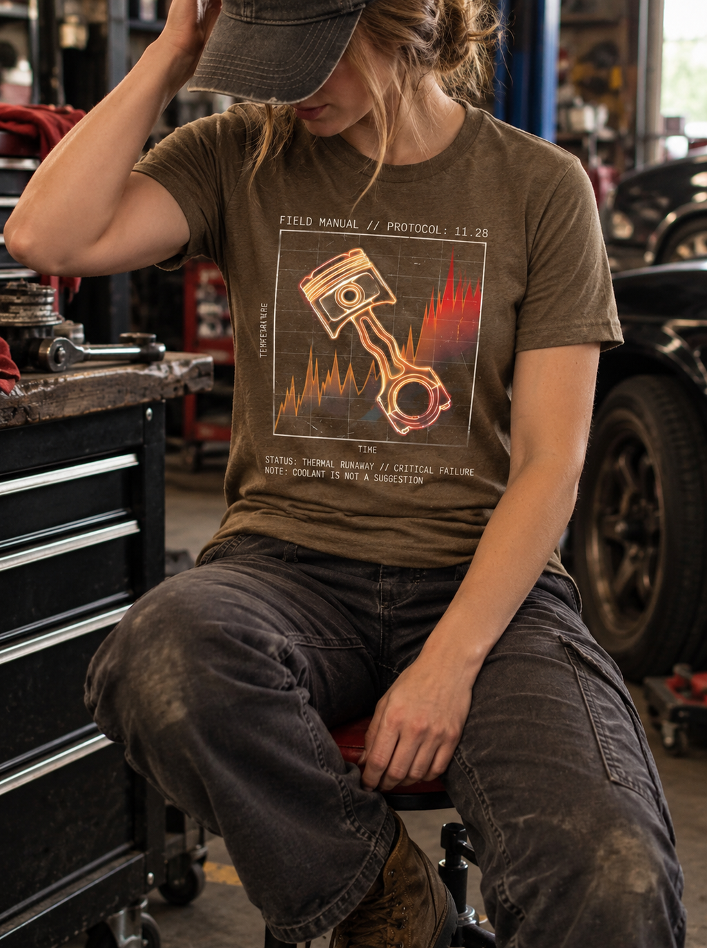 Front view of a seated model in a car garage, wearing a heather brown T-shirt with an orange piston and connecting rod over a red-orange temperature graph centered on the front.