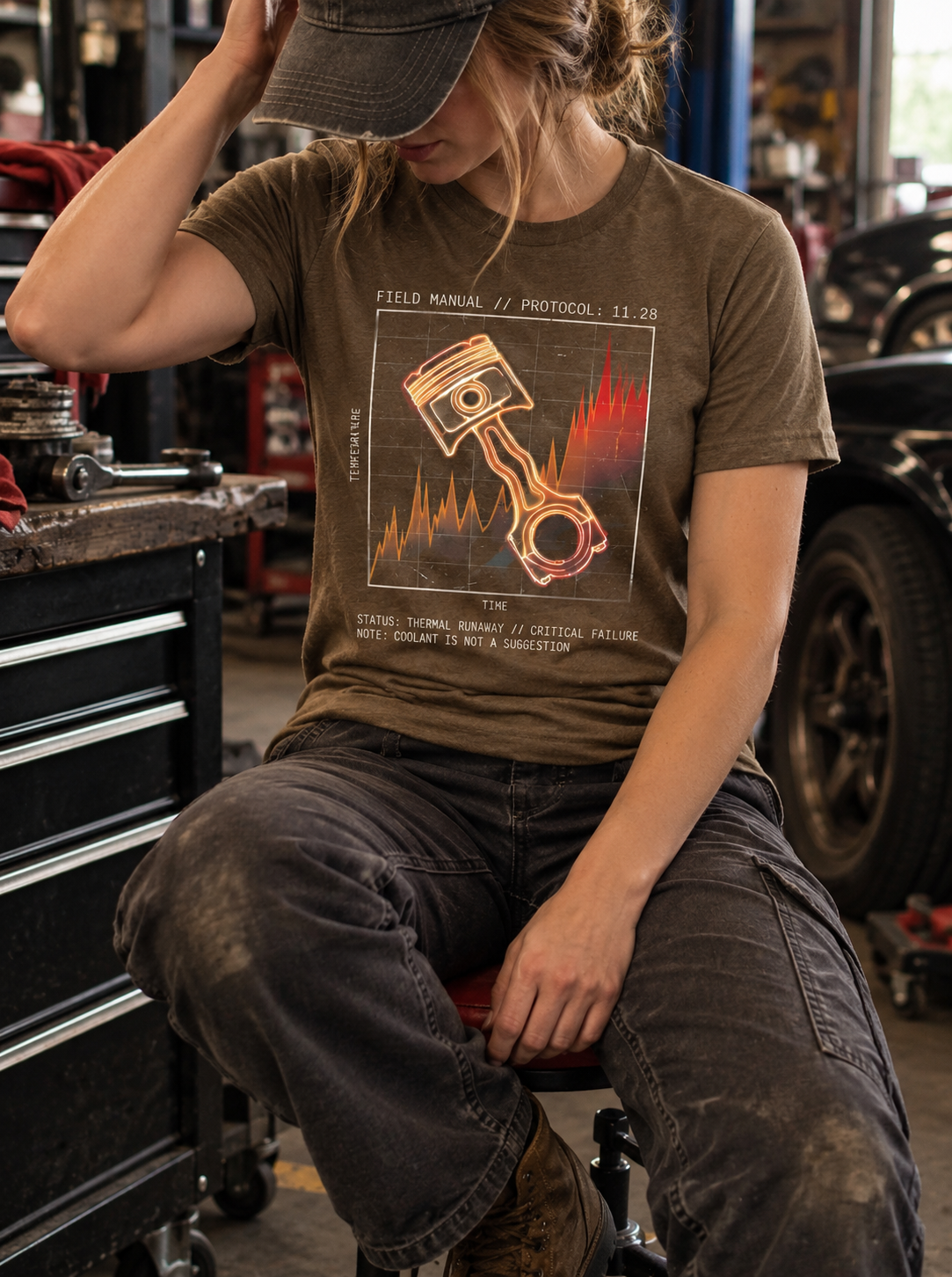 Front view of a seated model in a car garage, wearing a heather brown T-shirt with an orange piston and connecting rod over a red-orange temperature graph centered on the front.