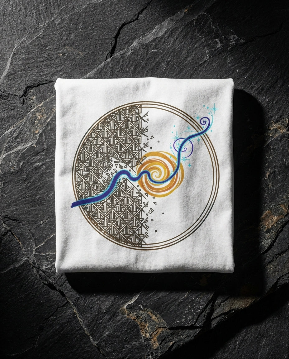 White fabric with a circular design featuring blue and orange elements on a dark stone background