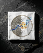 White Rewire tee folded on dark stone, showing the brown grid, blue current, gold vortex and small stars.