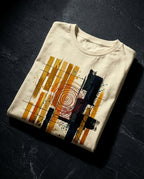 Natural Tares tee folded on dark stone, showing gold and dark vertical bars, grid lines and a red spiral.