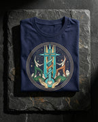 Navy Secret Tee folded on dark stone, showing circular cross, winding helix, figures and heart artwork.