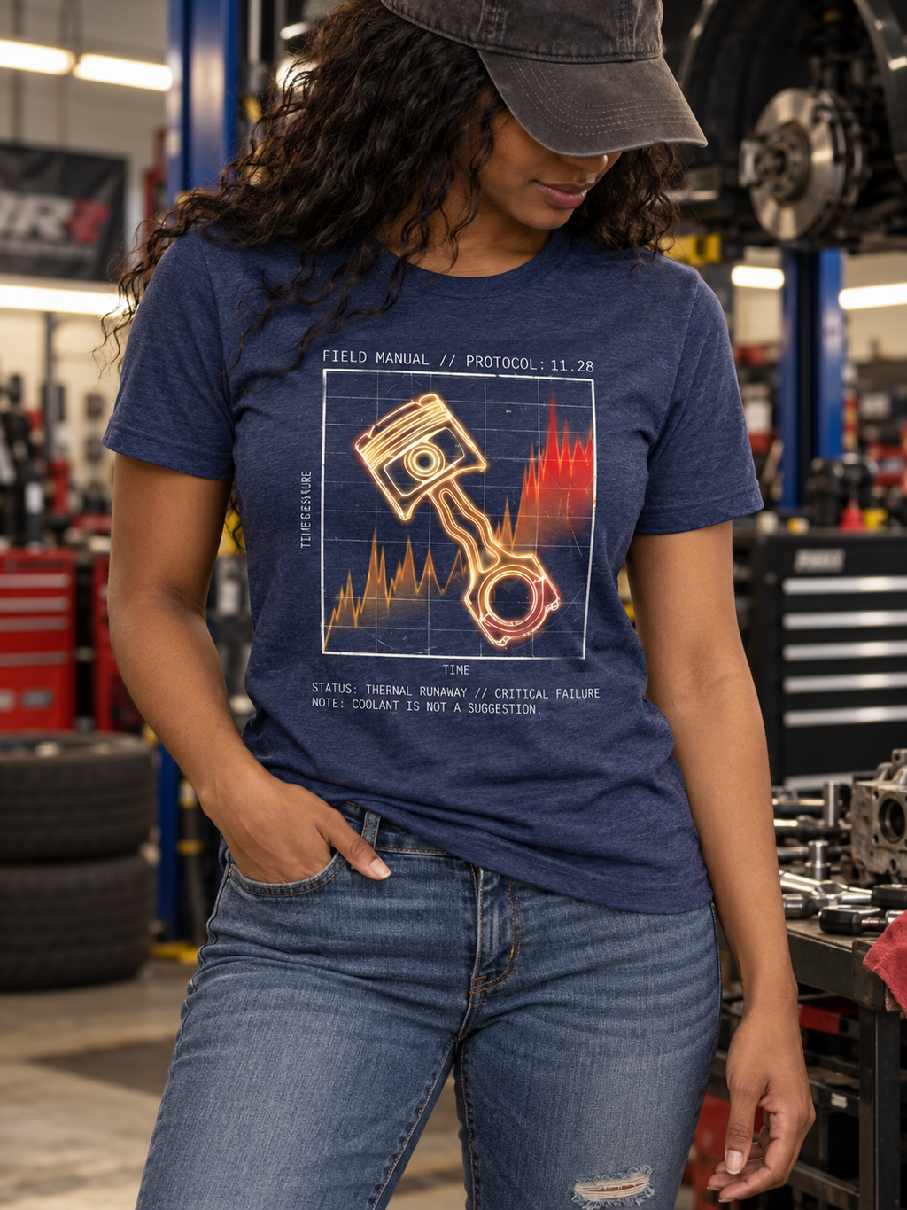 Front view of a standing model in a car garage, wearing a heather navy T-shirt with an orange piston and connecting rod over a red-orange temperature graph centered on the front.