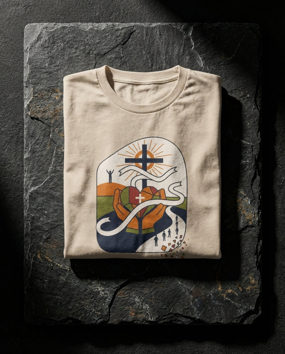 Folded beige t-shirt with a colorful graphic design on a dark stone surface