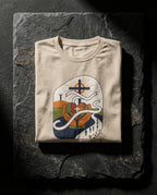 Soft Cream Lean Not Tee folded on dark stone, showing hands, geometric heart, winding white path and cross artwork.