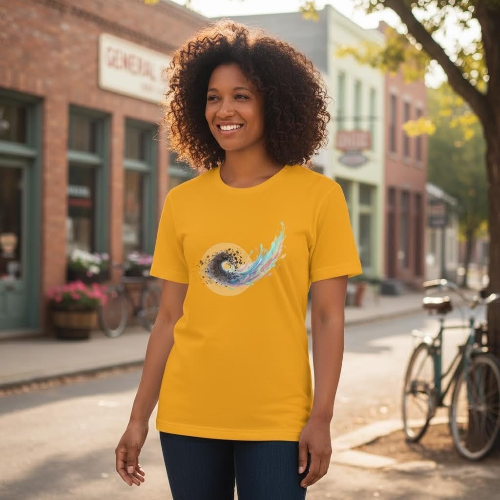 Woman wearing a yellow t-shirt with a graphic design, standing on a street with buildings and bicycles in the background.