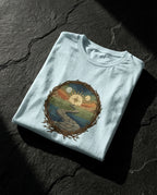 Model wearing the heather ice blue Not My Own Tee with circular landscape, winding path and compass-like sun inside a branch border on the front.
