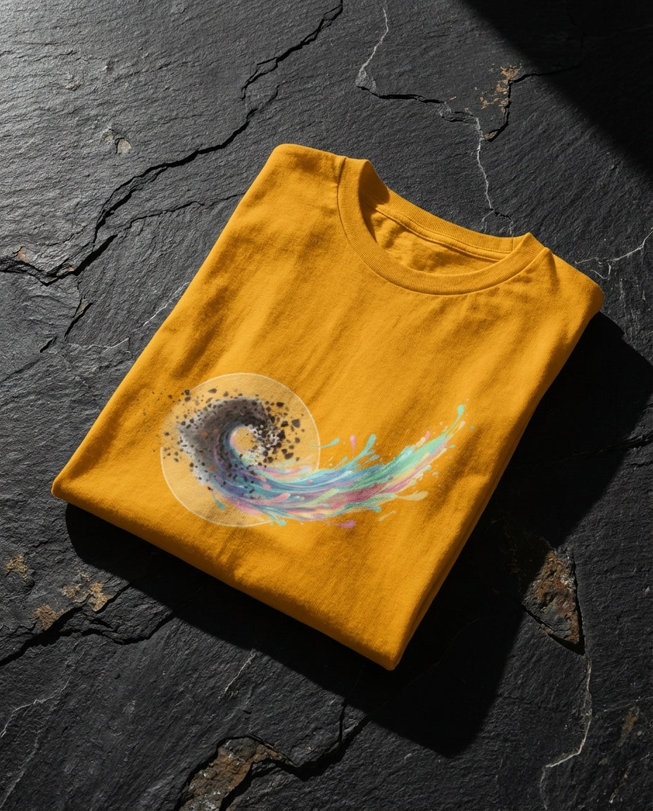 Yellow t-shirt with a colorful spiral design on a dark stone surface