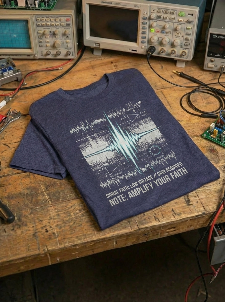 "Heather midnight navy 'Gain' t-shirt laid flat on a wooden workbench with electronic test equipment. The graphic features technical circuit schematics and audio waveforms inspired by James 5:16."