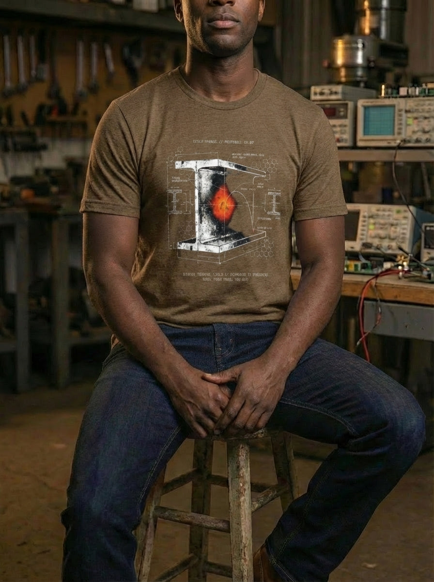Selah Supply Co. Component: Yield Spec 01.07 heather brown Christian streetwear t-shirt featuring an industrial I-beam graphic inspired by 1 Peter 1:7. Technical faith-based apparel representing the refinement process with 'Thermal Yield' typography and stress-strain charts.