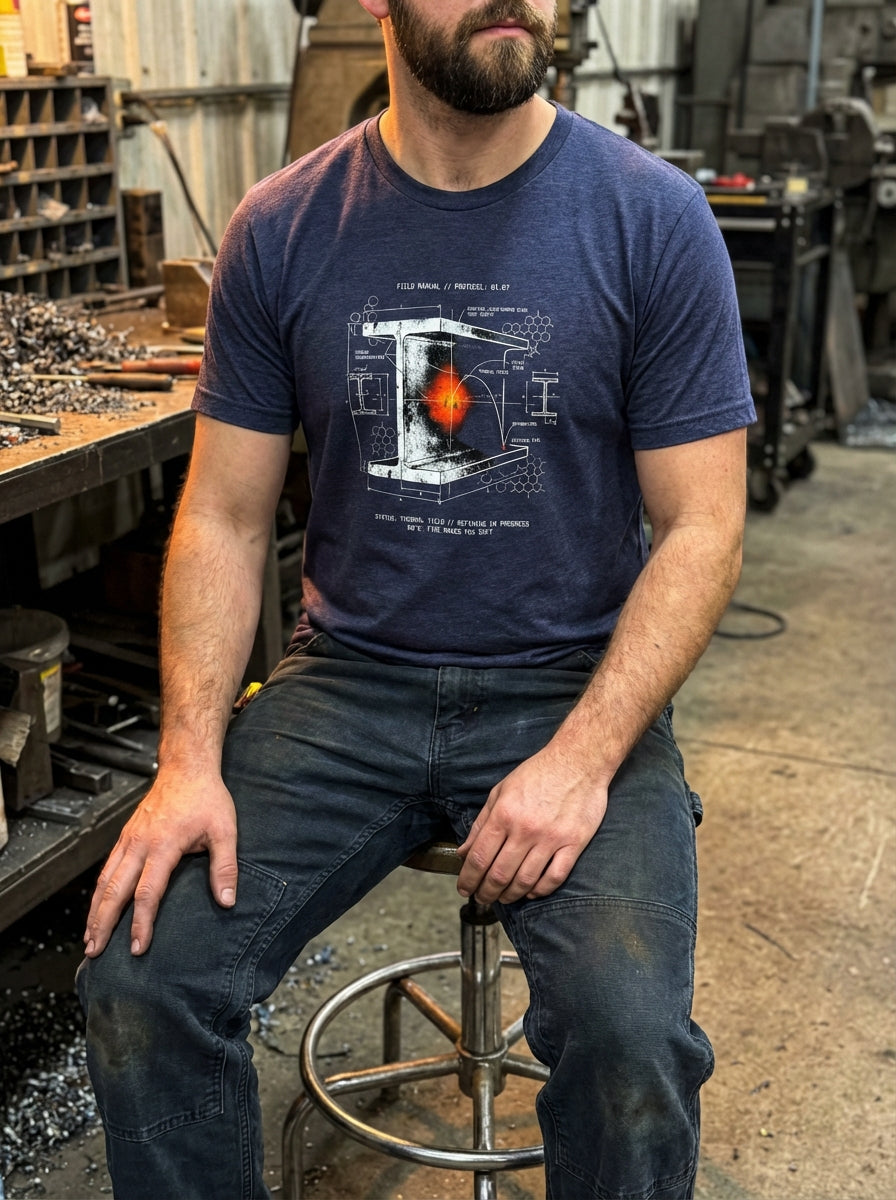 Selah Supply Co. Component: Yield Spec 01.07 heather midnight navy industrial faith t-shirt. Features a technical graphic representing the 'Yield Point' of faith under pressure. Premium men's Christian clothing styled in a mechanical workshop environment.