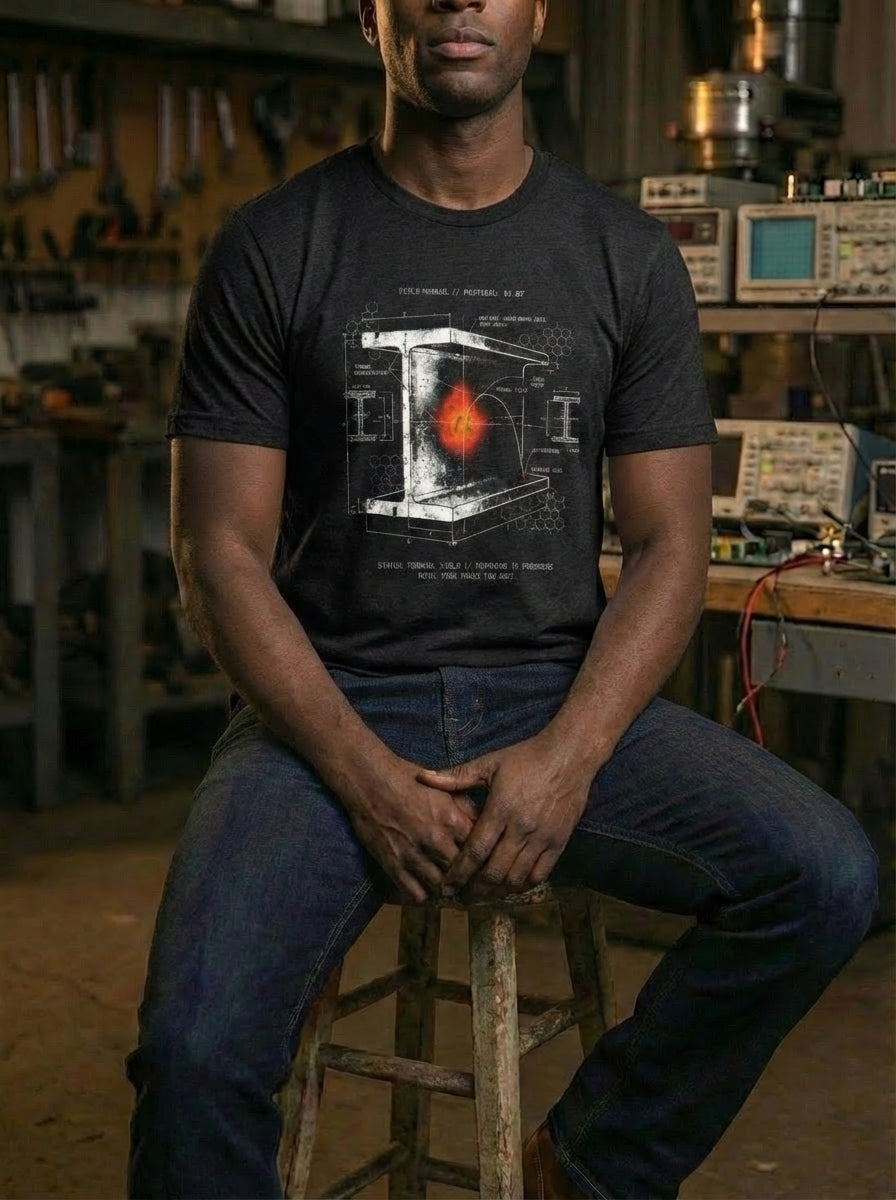 "Selah Supply Co. black heather 'Yield' t-shirt. Industrial faith apparel featuring technical 'Annealing Process' diagrams and 1 Peter 1:7 scripture references. High-quality Christian streetwear designed for conversation and gospel sharing."