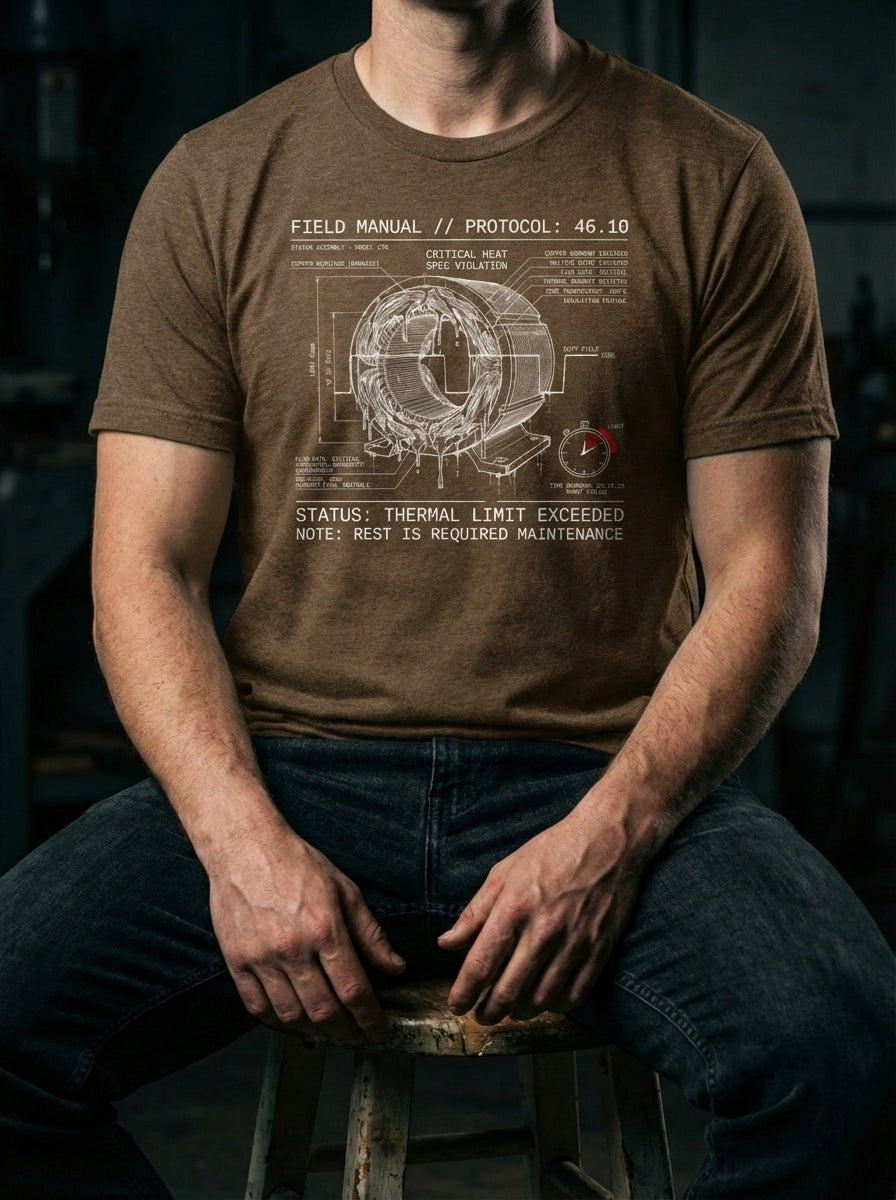 "Selah Supply Co. Component: Duty Spec 46.10 industrial faith t-shirt in brown. Features a technical 'Thermal Limit' graphic based on Psalm 46:10. Premium men's Christian streetwear styled in a gritty garage workshop environment."