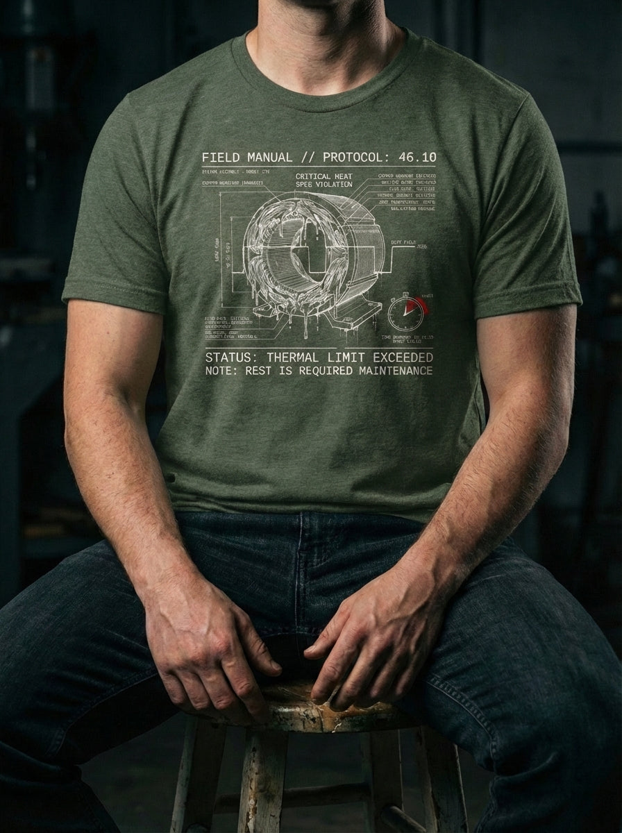 "Selah Supply Co. Component: Duty Spec 46.10 industrial faith t-shirt in green. Features a technical 'Thermal Limit' graphic based on Psalm 46:10. Premium men's Christian streetwear styled in a gritty garage workshop environment."