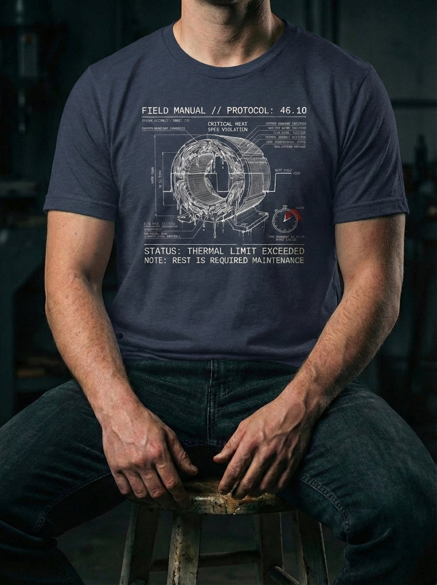 "Selah Supply Co. Component: Duty Spec 46.10 industrial faith t-shirt in blue. Features a technical 'Thermal Limit' graphic based on Psalm 46:10. Premium men's Christian streetwear styled in a gritty garage workshop environment."