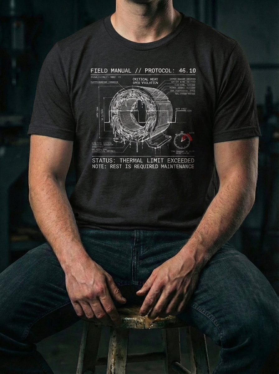 "A person wearing a black technical scripture t-shirt in a dark mechanical workshop. The graphic illustrates the cost of burnout using industrial motor diagrams, positioned as a premium, conversation-starting piece for the modern Christian wardrobe."