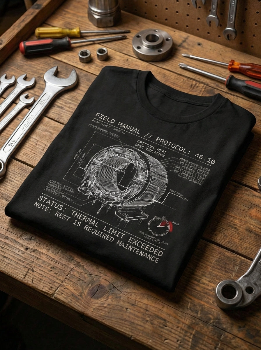 "Selah Supply Co. black 'Duty' t-shirt laid flat on a rustic wooden workbench surrounded by vintage tools. The Psalm 46:10 industrial graphic is shown in high-contrast detail, emphasizing the message that rest is not a defect."