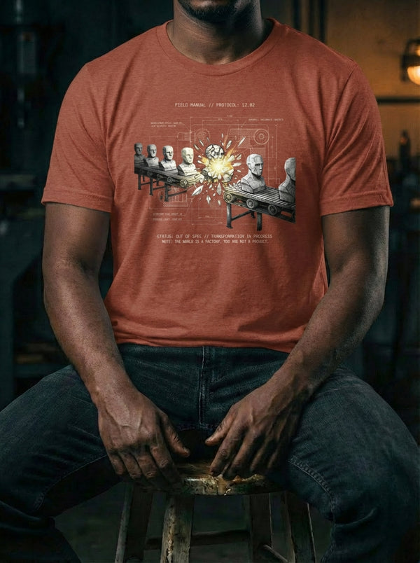 "A person wearing a red scripture-based t-shirt in a dark, gritty industrial workshop. The graphic depicts a shattering statue on a conveyor belt, representing biblical transformation. Styled for a modern, urban Christian lifestyle."