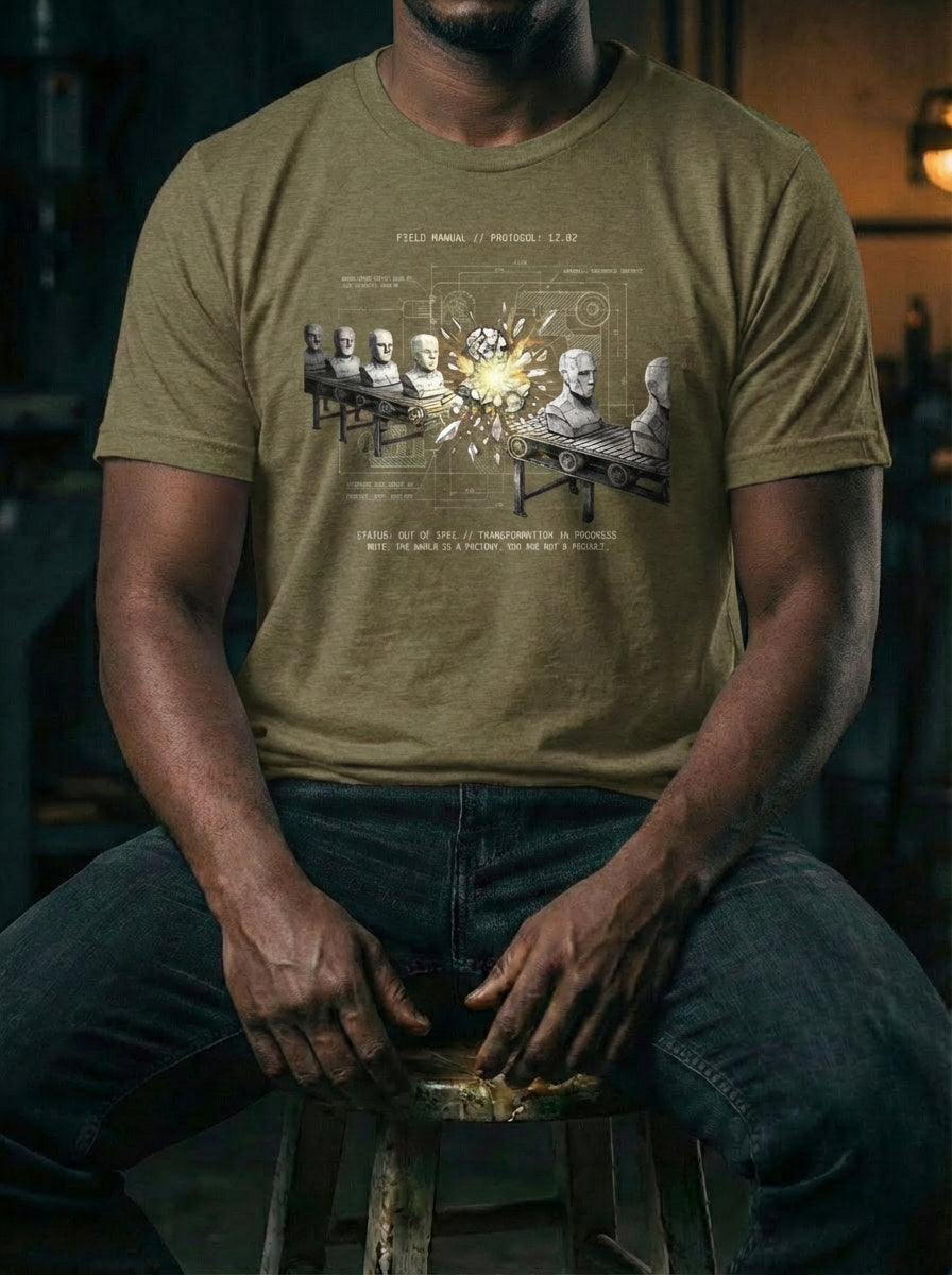 "Selah Supply Co. Component: Deviation Spec 12.02 industrial faith t-shirt in green. Features a technical graphic of the 'shattered mold' based on Romans 12:2. Premium men's Christian streetwear styled in a workshop environment."