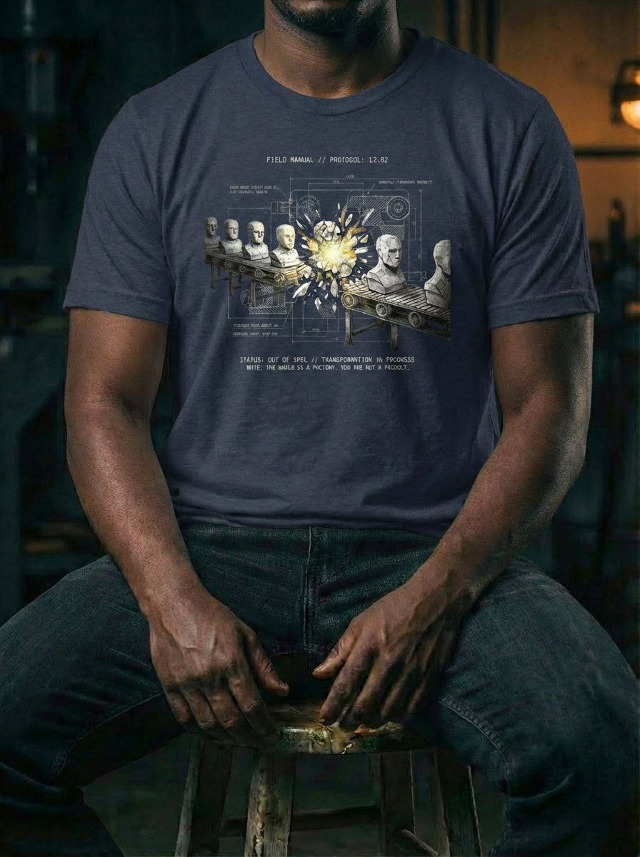 "Selah Supply Co. Component: Deviation Spec 12.02 industrial faith t-shirt in [Black Heather/Heather Navy]. Features a technical graphic of the 'shattered mold' based on Romans 12:2. Premium men's Christian streetwear styled in a workshop environment."