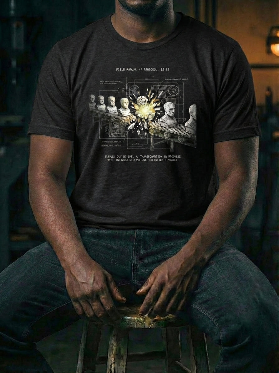 "Selah Supply Co. Component: Deviation Spec 12.02 industrial faith t-shirt in [Black Heather/Heather Navy]. Features a technical graphic of the 'shattered mold' based on Romans 12:2. Premium men's Christian streetwear styled in a workshop environment."