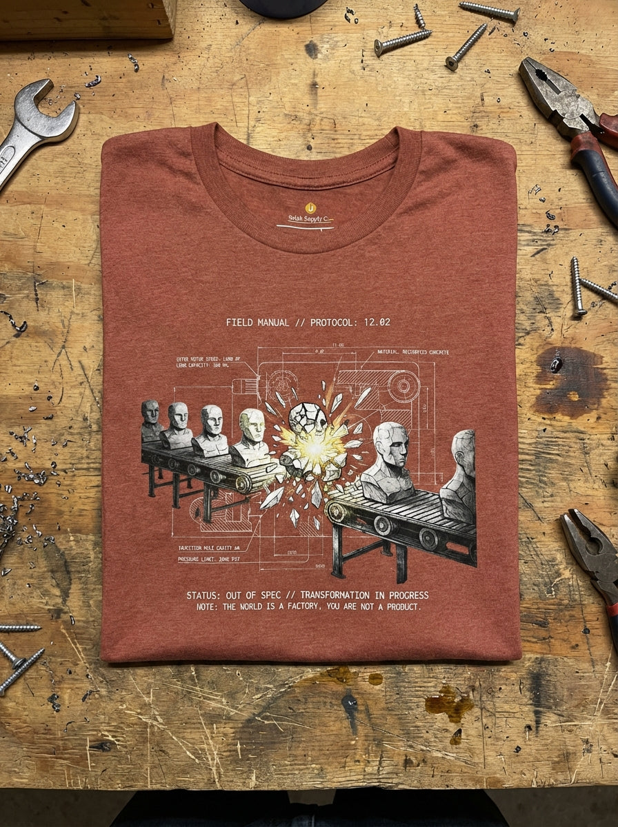 "Selah Supply Co. heather clay 'Deviation' t-shirt laid flat on a rustic wooden workbench with mechanical tools. The Romans 12:2 industrial graphic is shown in detail, designed as a conversation-starting piece for the modern believer."