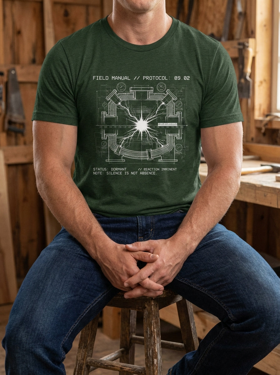 Selah Supply Co. Component: Reaction Spec 09.02 heather emerald industrial faith t-shirt. Features a technical graphic representing the silence before the light of Isaiah 9:2. High-quality men's Christian clothing styled in a gritty garage workshop.