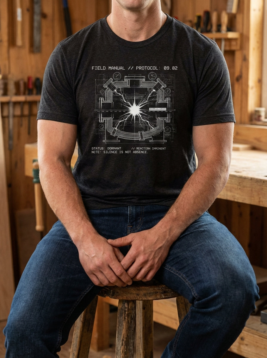 Selah Supply Co. Component: Reaction Spec 09.02 black heather industrial faith t-shirt. Features a technical graphic representing the silence before the light of Isaiah 9:2. High-quality men's Christian clothing styled in a gritty garage workshop.
