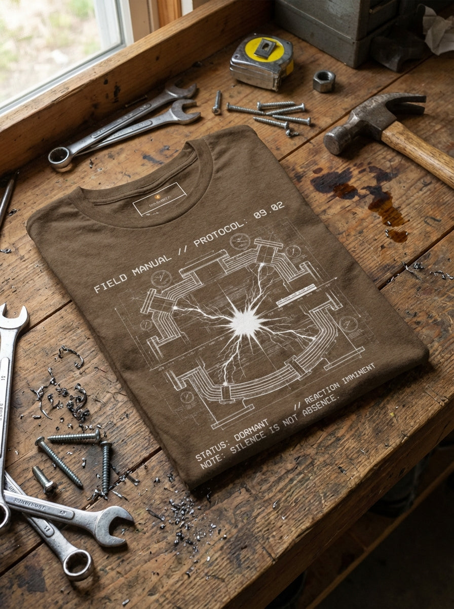 Selah Supply Co. heather brown 'Reaction' t-shirt laid flat on a wooden workbench with industrial tools. The graphic features technical 'Potential Energy' charts and Isaiah 9:2 references, designed as a conversation-starting piece of Christian streetwear.
