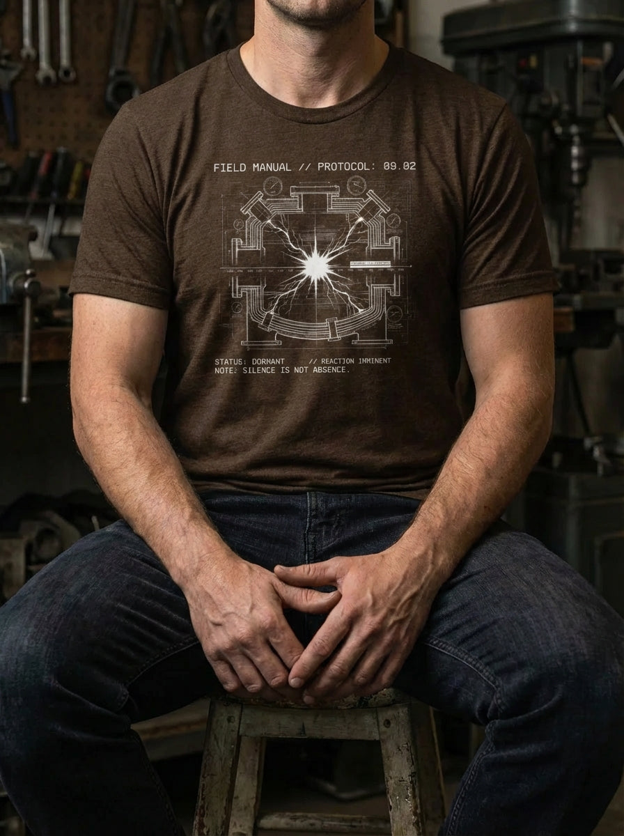 Selah Supply Co. Component: Reaction Spec 09.02 heather brown Christian streetwear t-shirt featuring an industrial 'Reaction Chamber' graphic inspired by Isaiah 9:2. Technical faith-based apparel representing the Intertestamental Period with 'Wait for the Spark' typography.