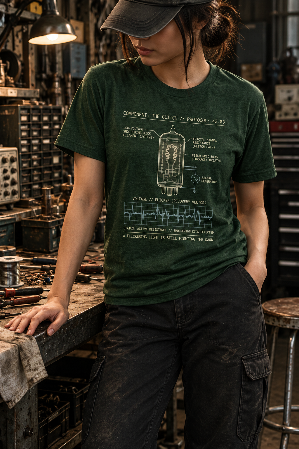 Front view of a standing model in a workshop, wearing a heather emerald T-shirt with a vacuum-tube diagram and a voltage waveform graph centered on the front.