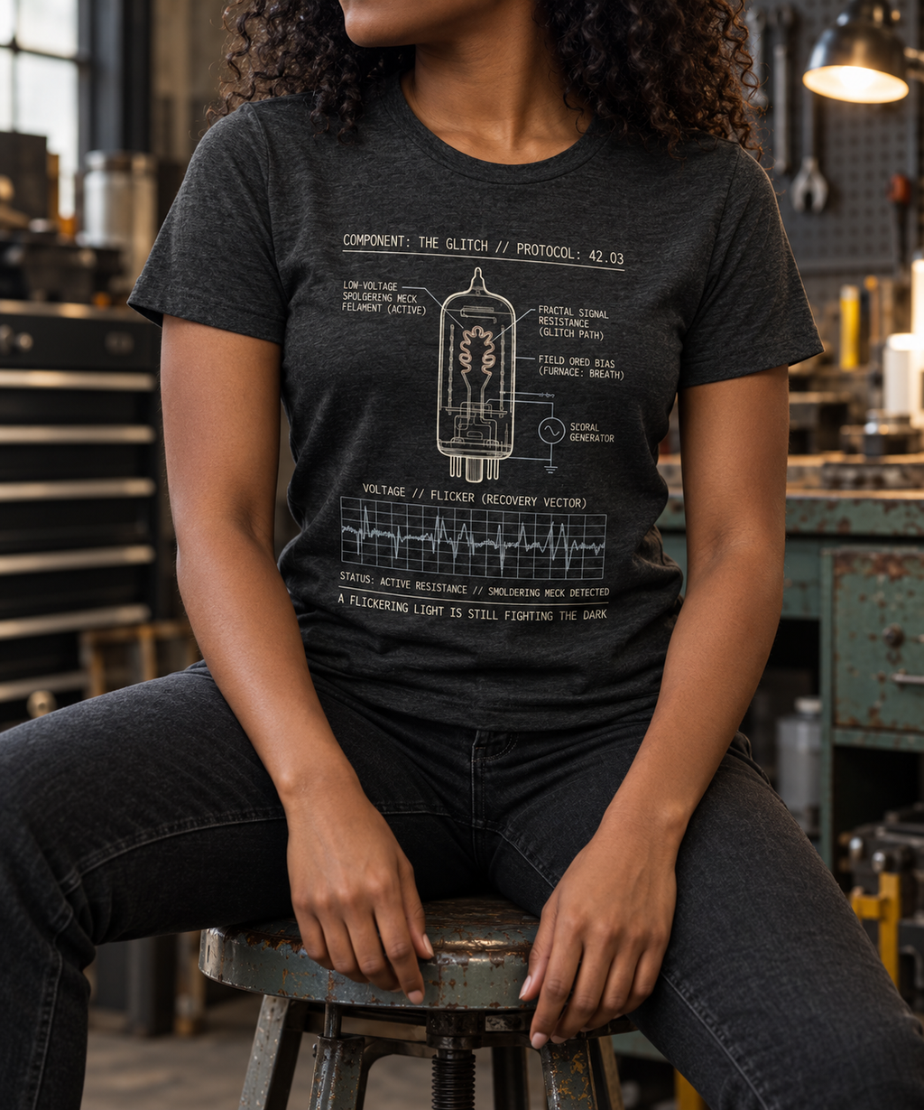 Front view of a seated model in a workshop, wearing a dark gray heather T-shirt with a vacuum-tube diagram and a voltage waveform graph centered on the front.