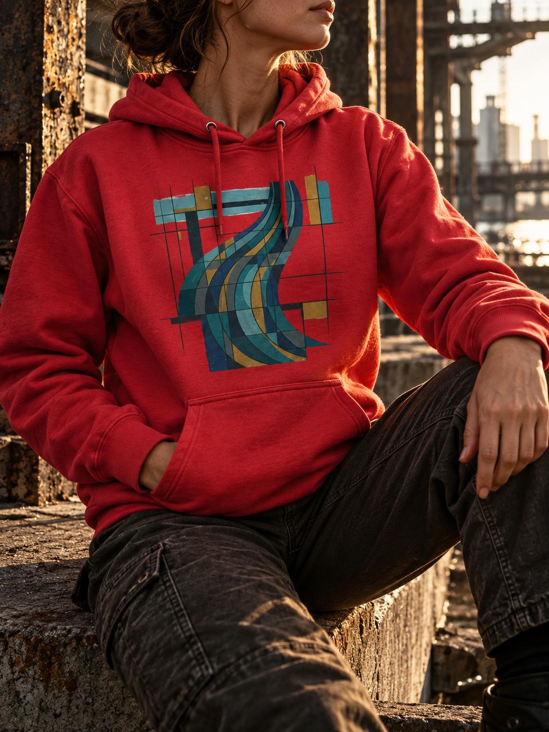 A person wearing a bright red pullover hoodie with a large multicolor abstract graphic on the chest, seated outdoors on weathered stone steps near a bridge or industrial structure.