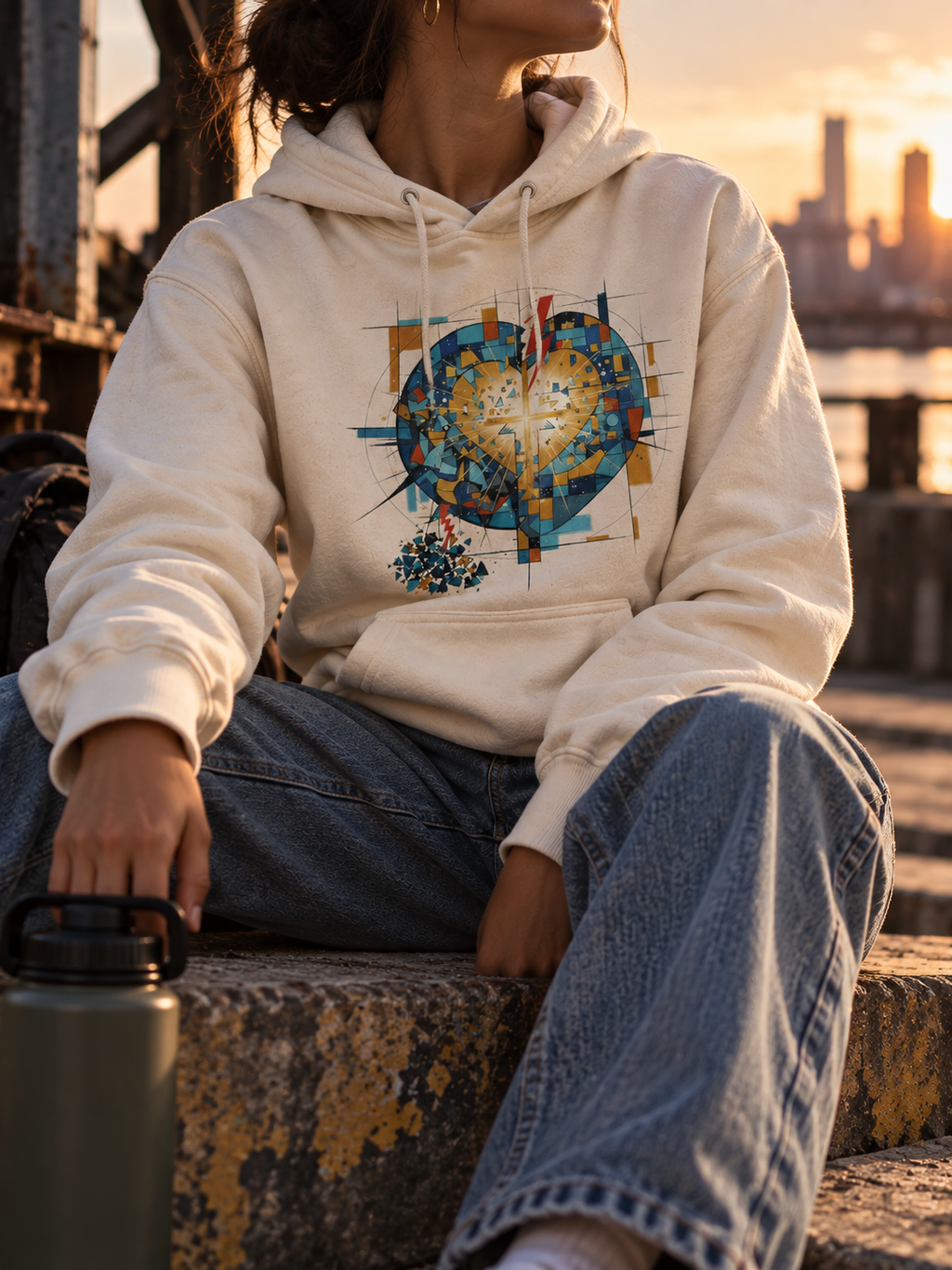 Model wearing the Bone Imperishable hoodie, showing a blue and teal mosaic heart, golden cross of light and red bolt.